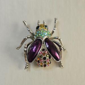 Beetle, Silvertone, Enamel And Rhinestones